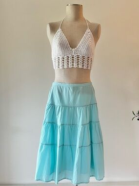 Y2K Talbots Petite 100% Cotton Sequin Beaded Skirt in Aqua Mermaid Blue